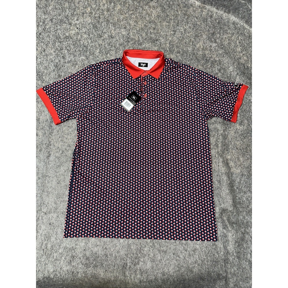 Waggle Mens Bobby Golf Polo Size XL with all over Red Bobbers print Blue-(005-6)